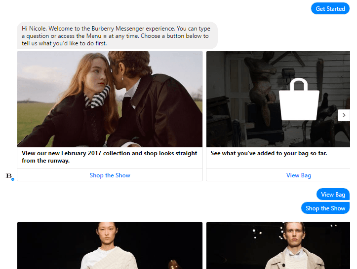 Burberry product carousel in a Facebook Messenger bot